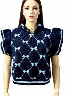 Preppy Vibes Bow Print Zipped Collar Sweater